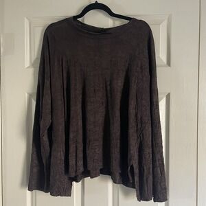 Blanque Boxy Crinkle Blouse XL Chocolate Long Sleeve Mock Neck Top Lagenlook